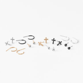 Mixed Metal Crystal Cross Earrings Set - 9 Pack,