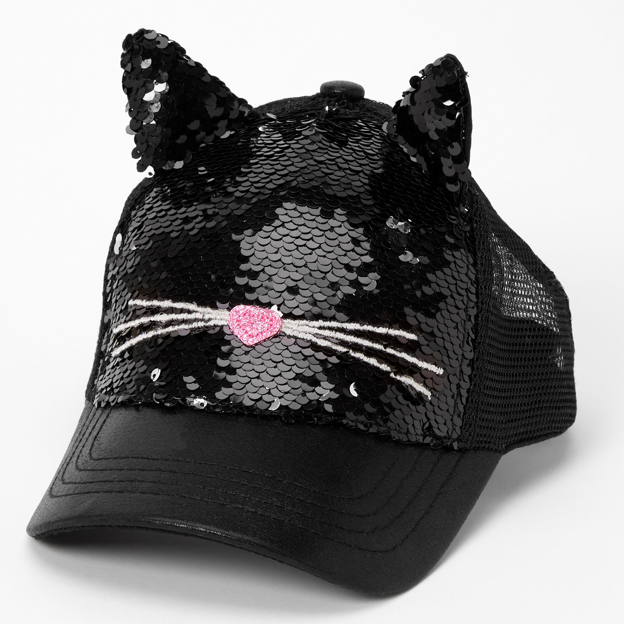 Claire's Casquette de baseball tête de chat à sequins - Noir