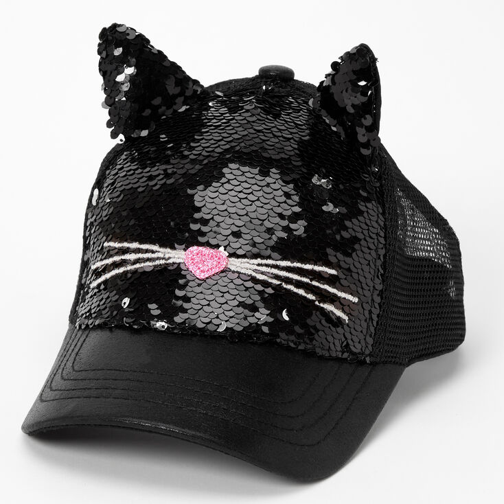 Sequin Cat Face Baseball Cap - Black,