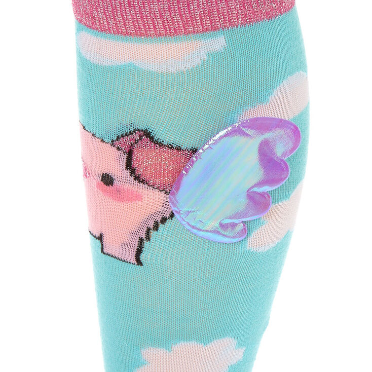 3D Pig Wings Knee High Socks - Turquoise,