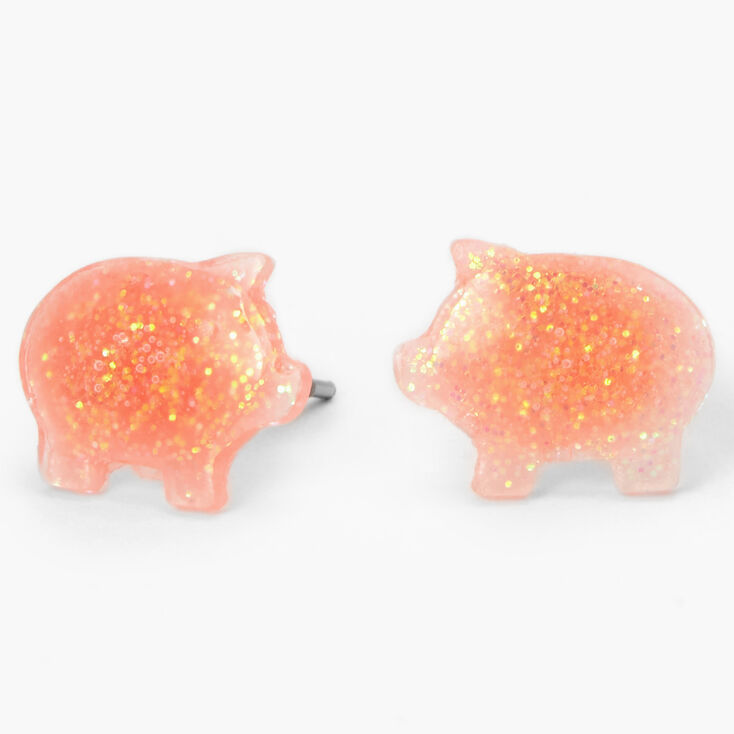 Pink Sparkle Pig Stud Earrings,