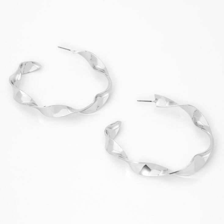 Silver 60MM Ribbon Twist Hoop Earrings,