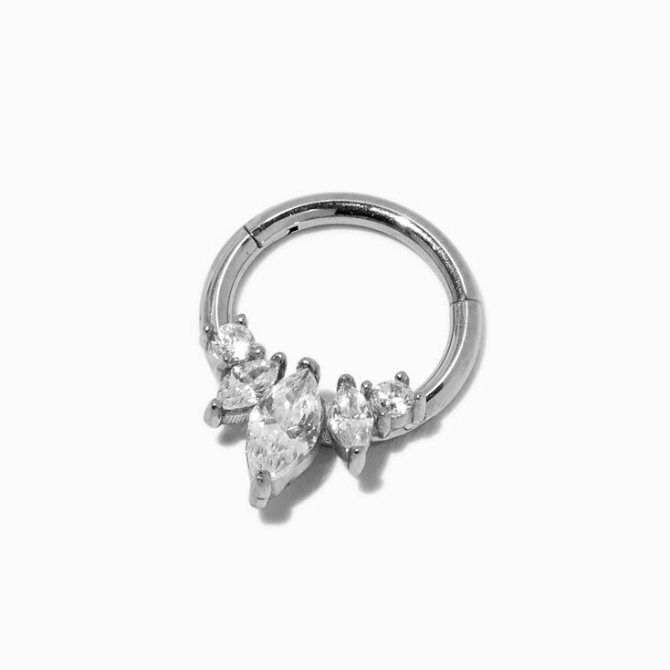 16G Silver-tone Stainless Steel Cubic Zirconia Crown Septum Nose Hoop,