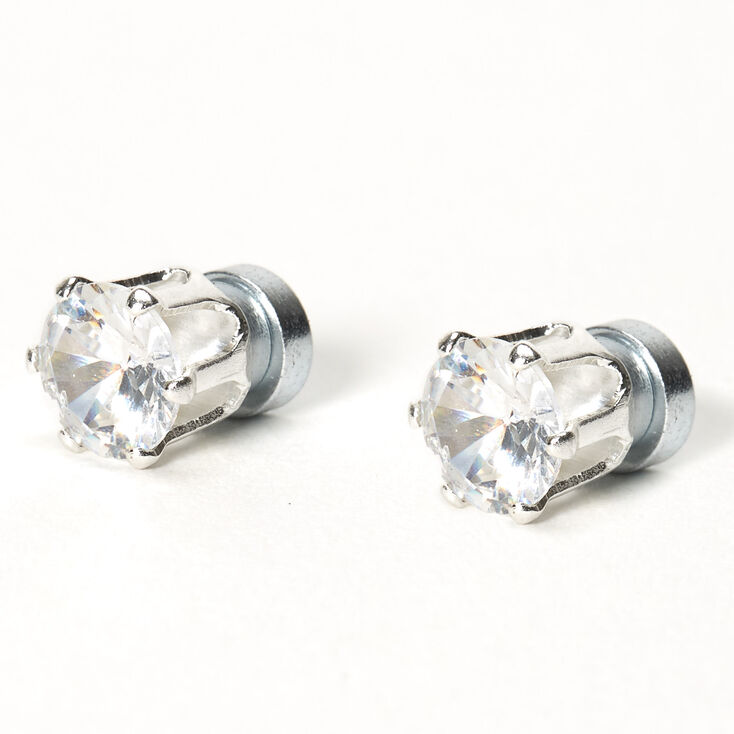 Silver Cubic Zirconia 6MM Round Magnetic Stud Earrings,