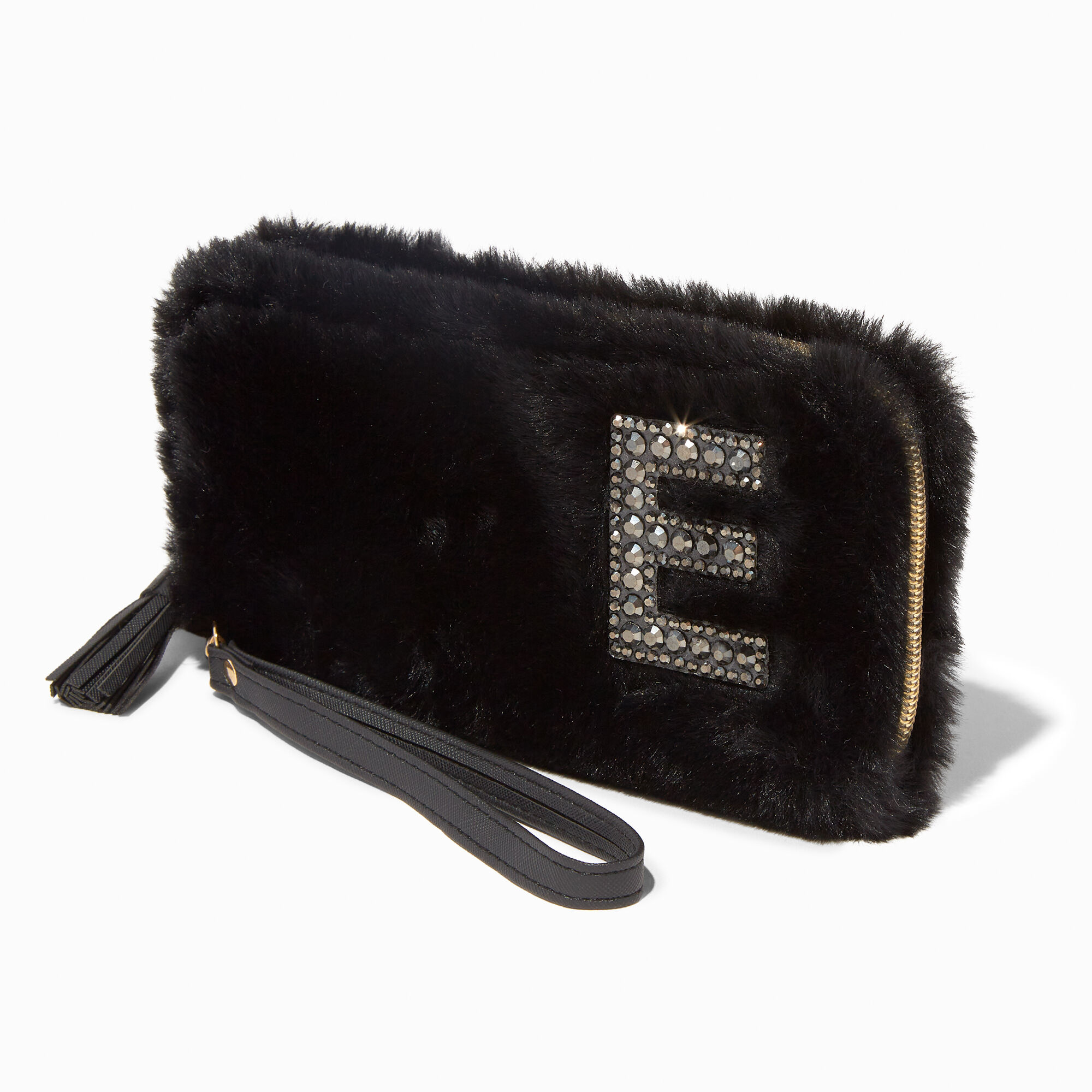 Black Furry Pearl Initial Wristlet Wallet - E,