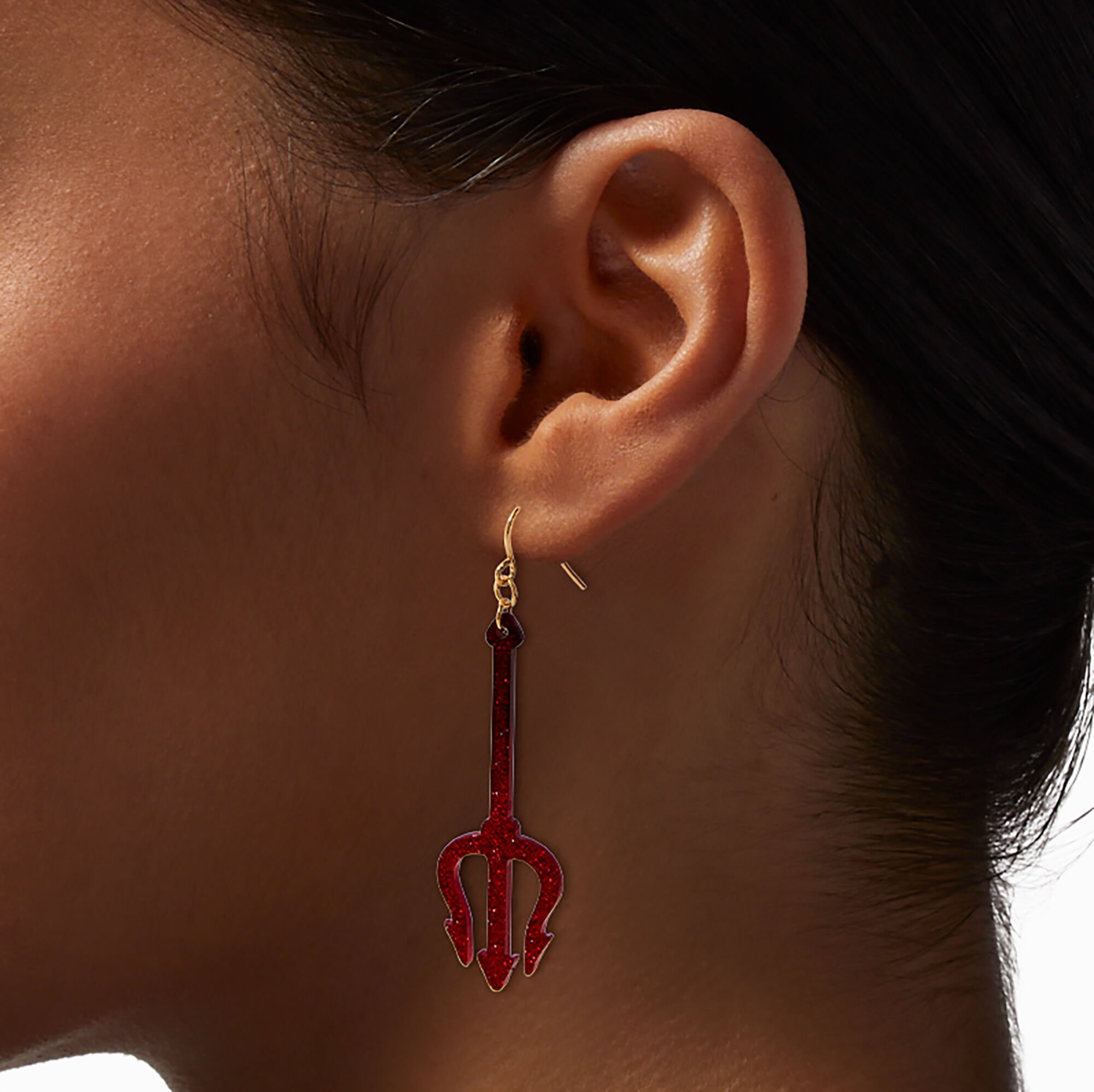Red Glitter Pitchfork Drop Earrings,