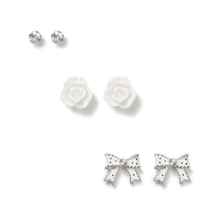 Girly Classic Stud Earrings - White, 3 Pack,