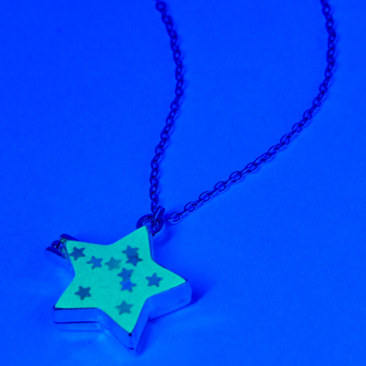 Silver Glow in the Dark Confetti Star Locket Pendant Necklace - Blue,