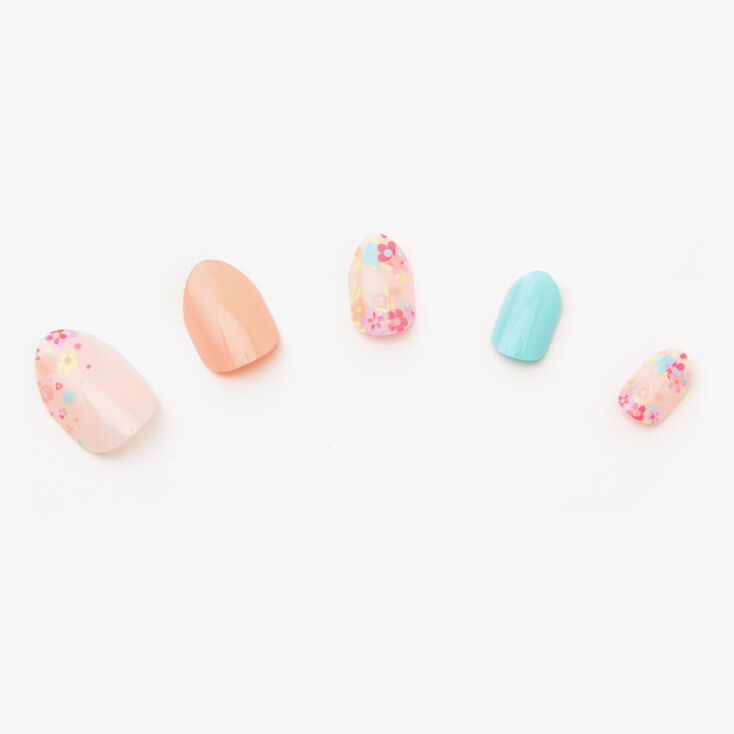 Floral Stiletto Press On Faux Nail Set - Mint/Coral, 24 Pack,
