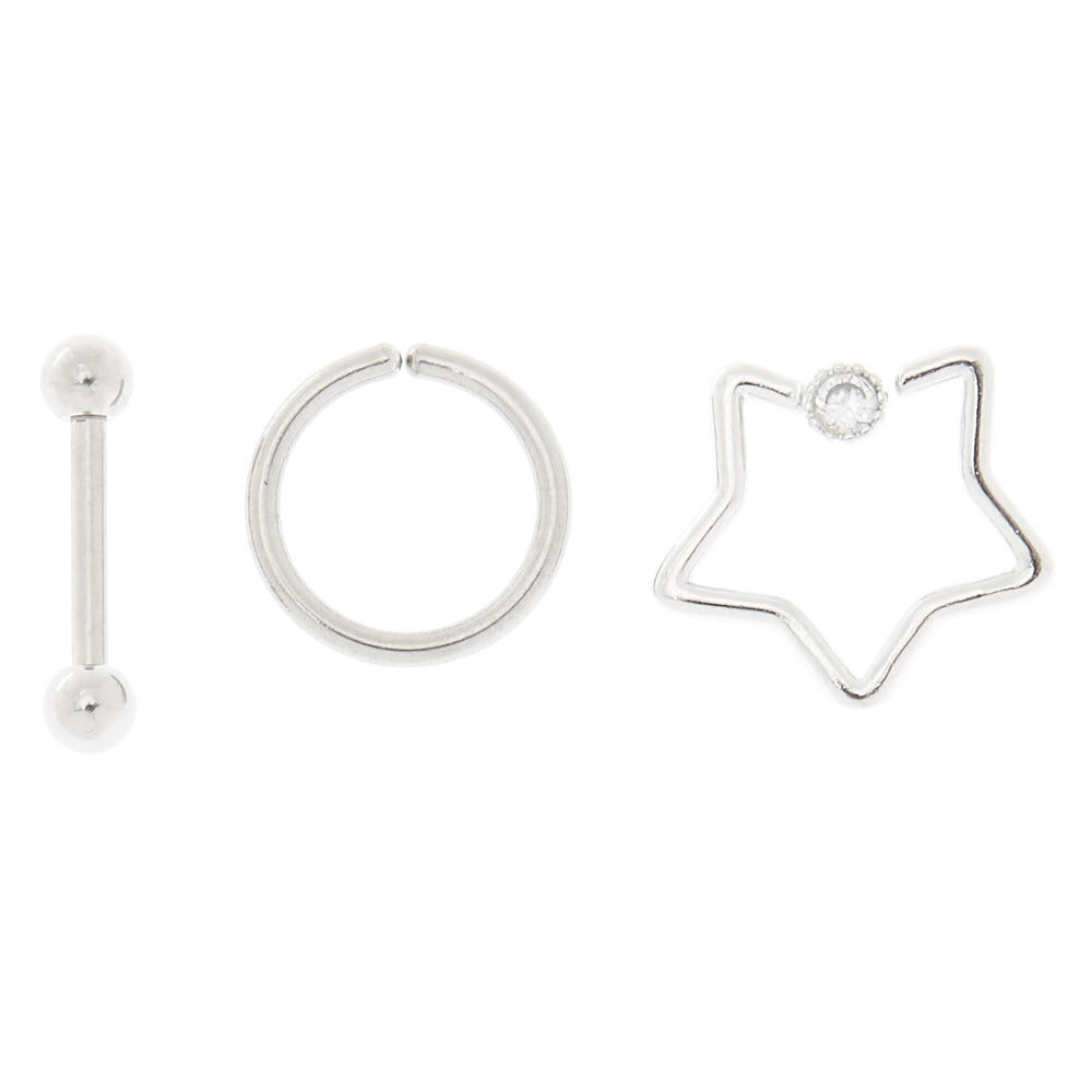 Silver 16G Mixed Shape Tragus Earrings - 3 Pack,
