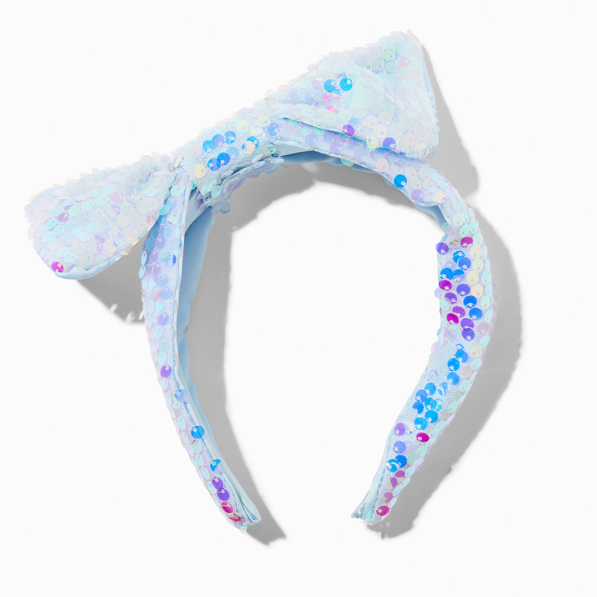 View Claires Holographic Sequin Bow Headband Blue information