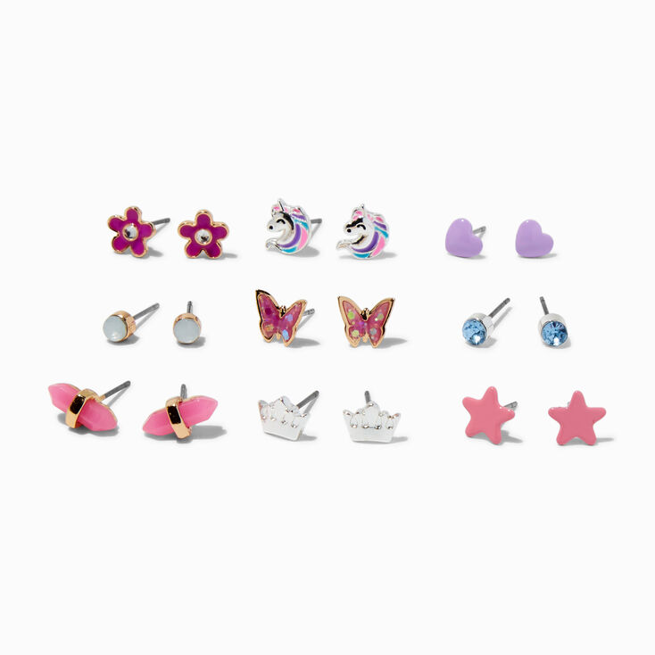 Pink Butterfly & Unicorn Stud Earring Set - 9 Pack