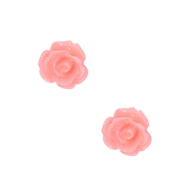 Pink Glitter Rose Sterling Silver Stud Earrings,