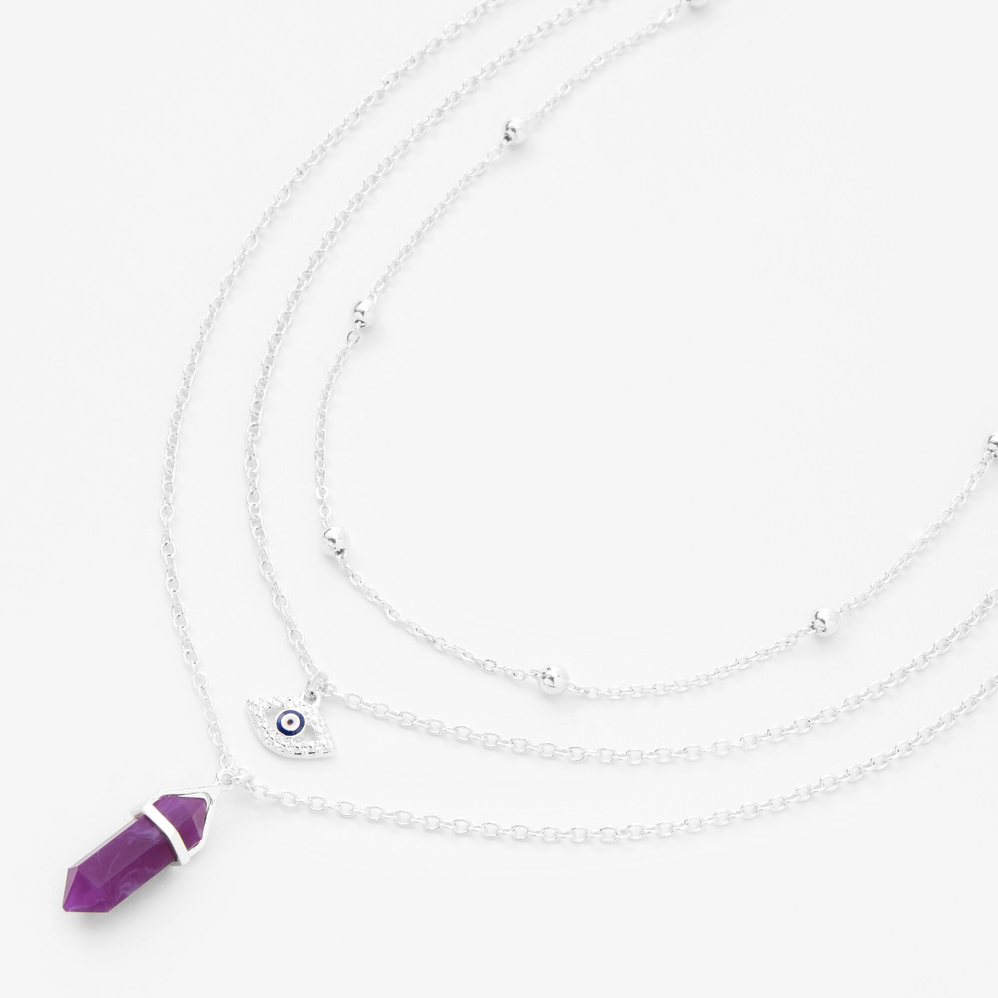 Purple Crystal Celestial Multi Strand Silver Chain Necklace