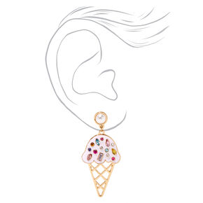 Gold 2&quot; Pink Bejewelled Ice Cream Cone Drop Earrings,