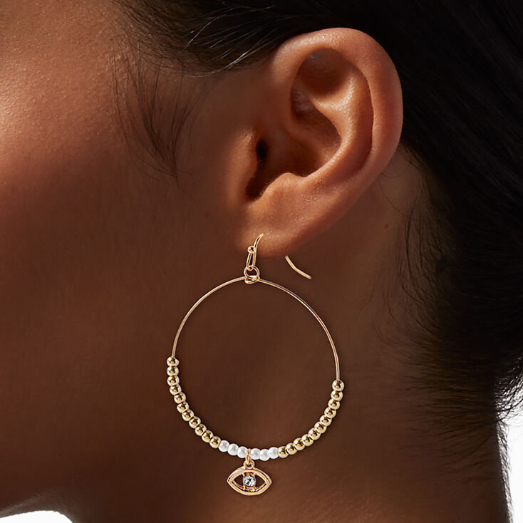Gold-tone Beaded Evil Eye Hoop Earrings ,