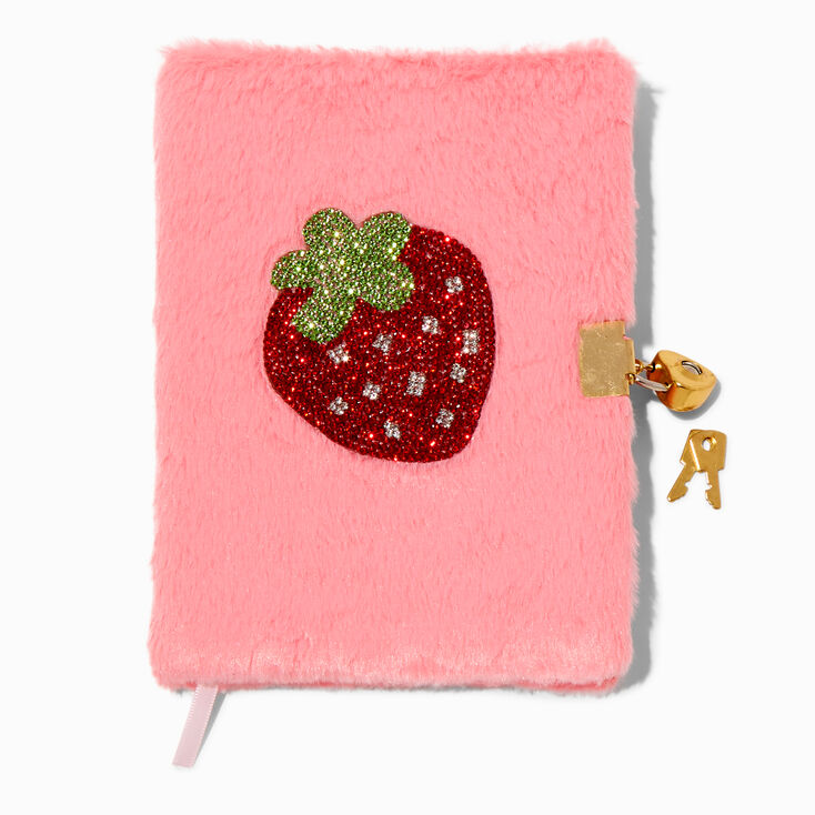 Rhinestone Strawberry Pink Furry Lock Diary,