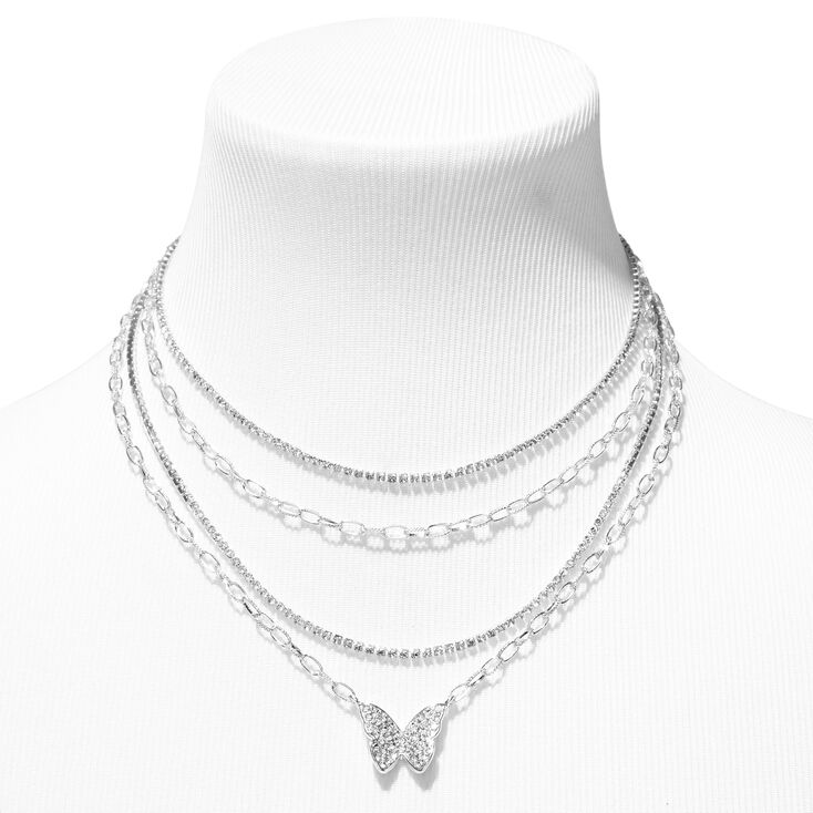Silver Butterfly Crystal Multi Strand Necklace,