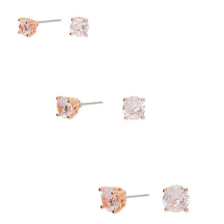 Rose Gold-tone Cubic Zirconia Graduated Round Stud Earrings - 3 Pack,