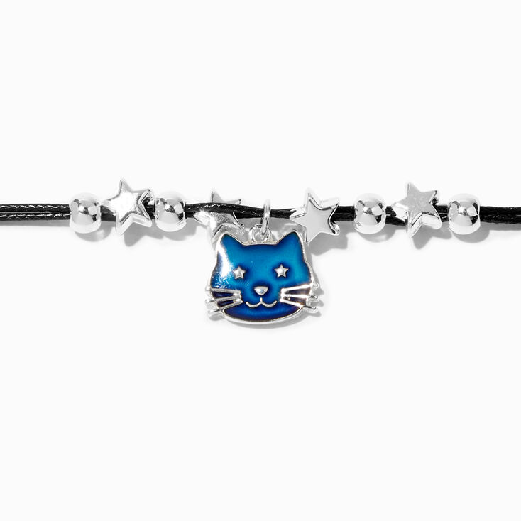 Blue Mood Cat &amp; Stars Black Cord Bracelet,