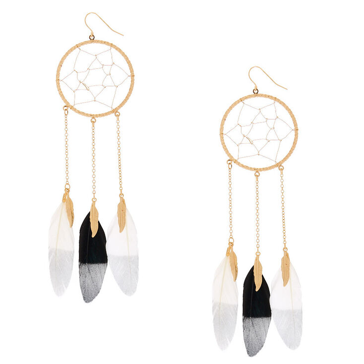 Gold 5 Feather Dreamcatcher Drop Earrings Claire S Us