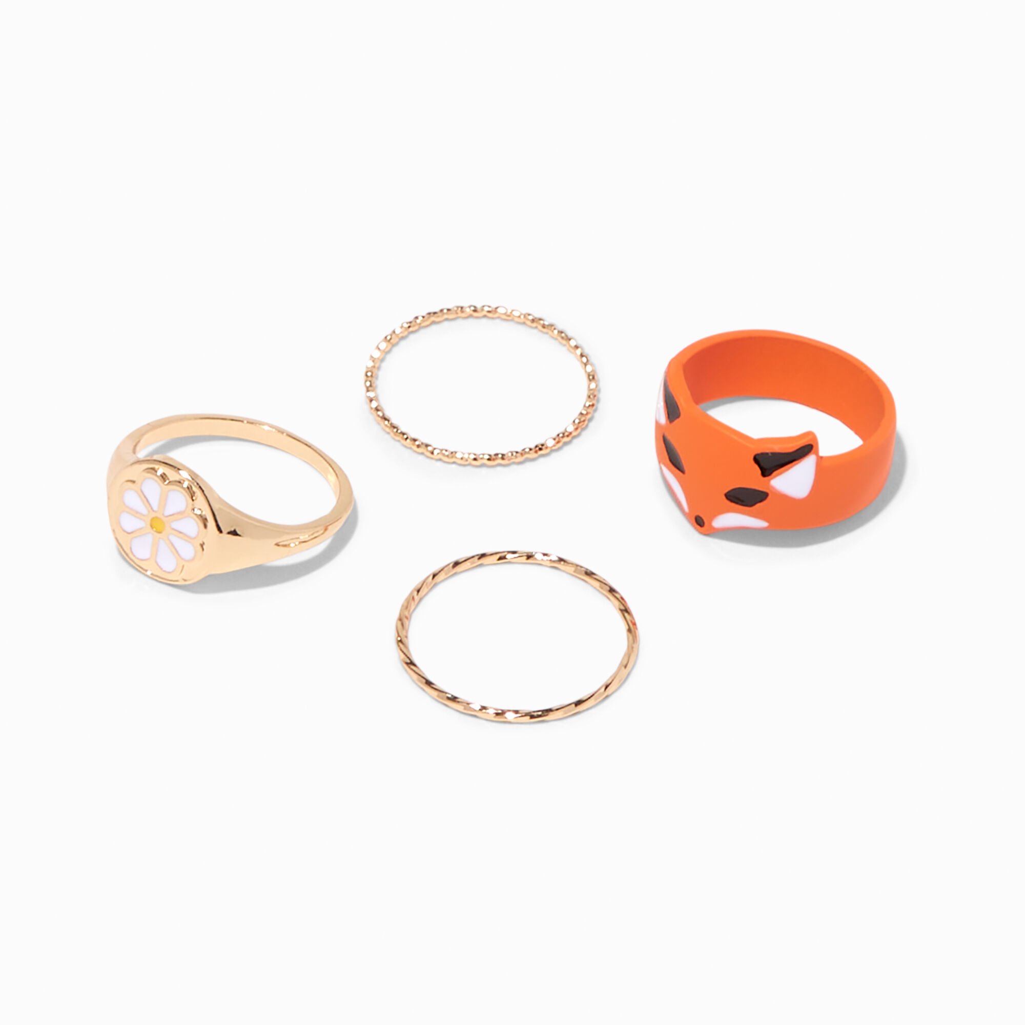 View Claires Fox White Daisy Gold Woven Band Ring Set 4 Pack Orange information