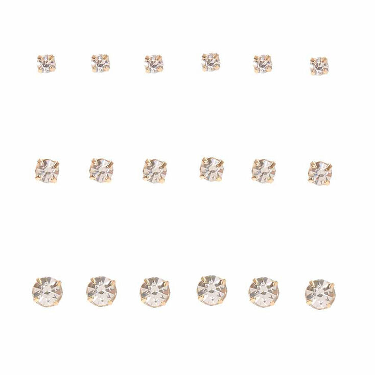 Gold Graduated Crystal Stud Earrings - 9 Pack,