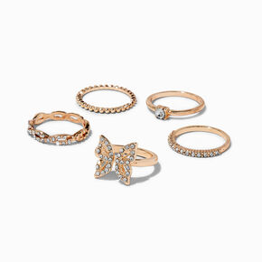 Crystal Gold-tone Butterfly Ring Set - 5 Pack ,