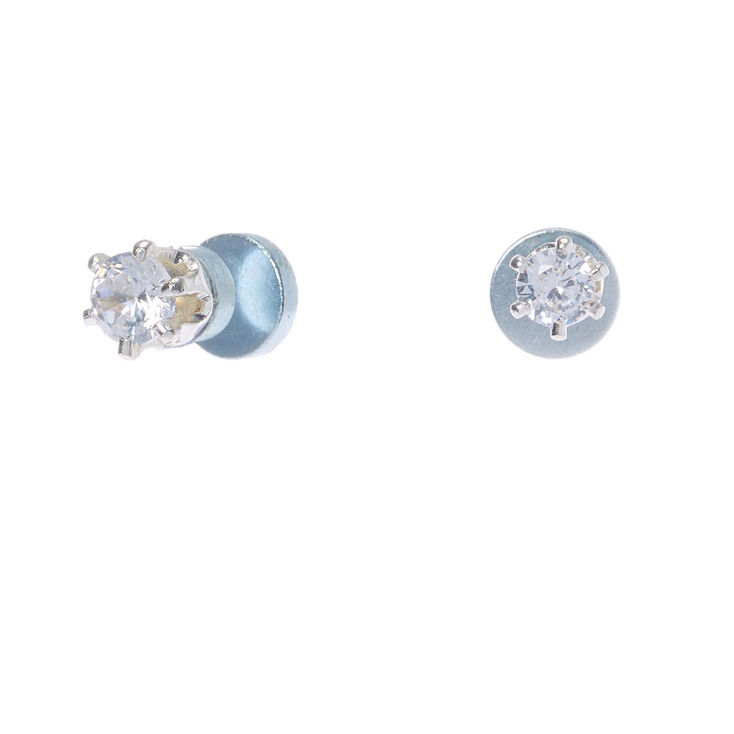 Silver Cubic Zirconia Round Magnetic Stud Earrings - 3MM,