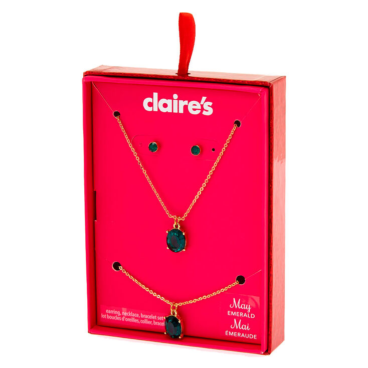 Claire's Coffret cadeau parure de bijoux pierre de naissance du mois de mai - Émeraude d'imitation, lot de 3
