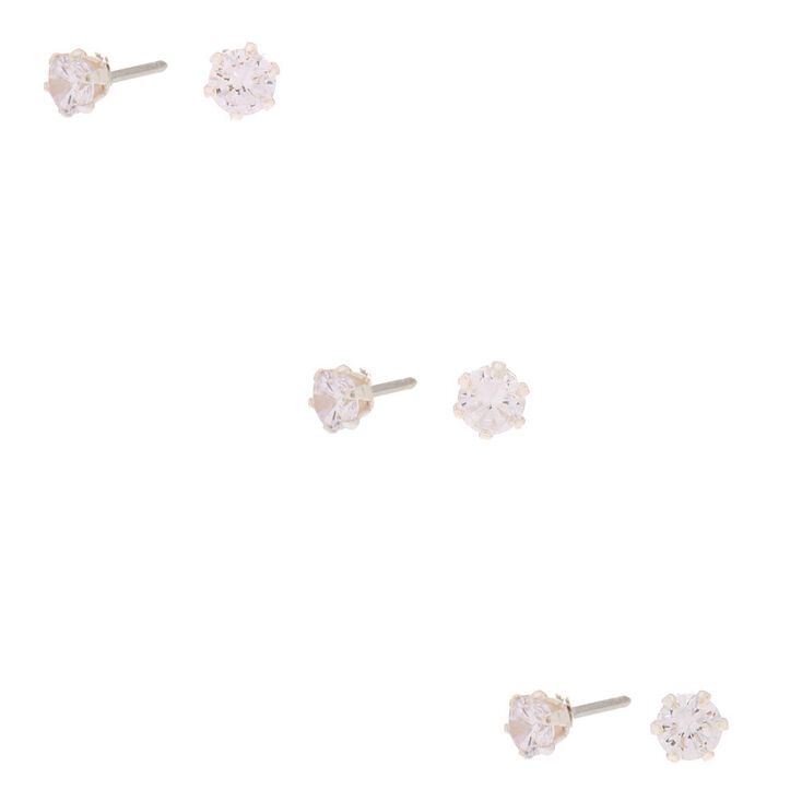 Claire's Lot de 3 paires de clous d'oreille ronds 4 mm en zircon cubique d’imitation couleur argenté
