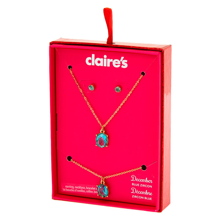 Claire's Coffret cadeau parure de bijoux pierre de naissance du mois de décembre - Zircon d'imitation bleu, lot de 3