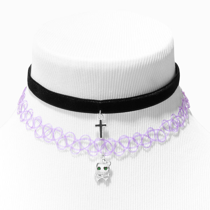 Black Cord Cross &amp; Purple Tattoo Skull Choker Necklaces &#40;2 Pack&#41;,