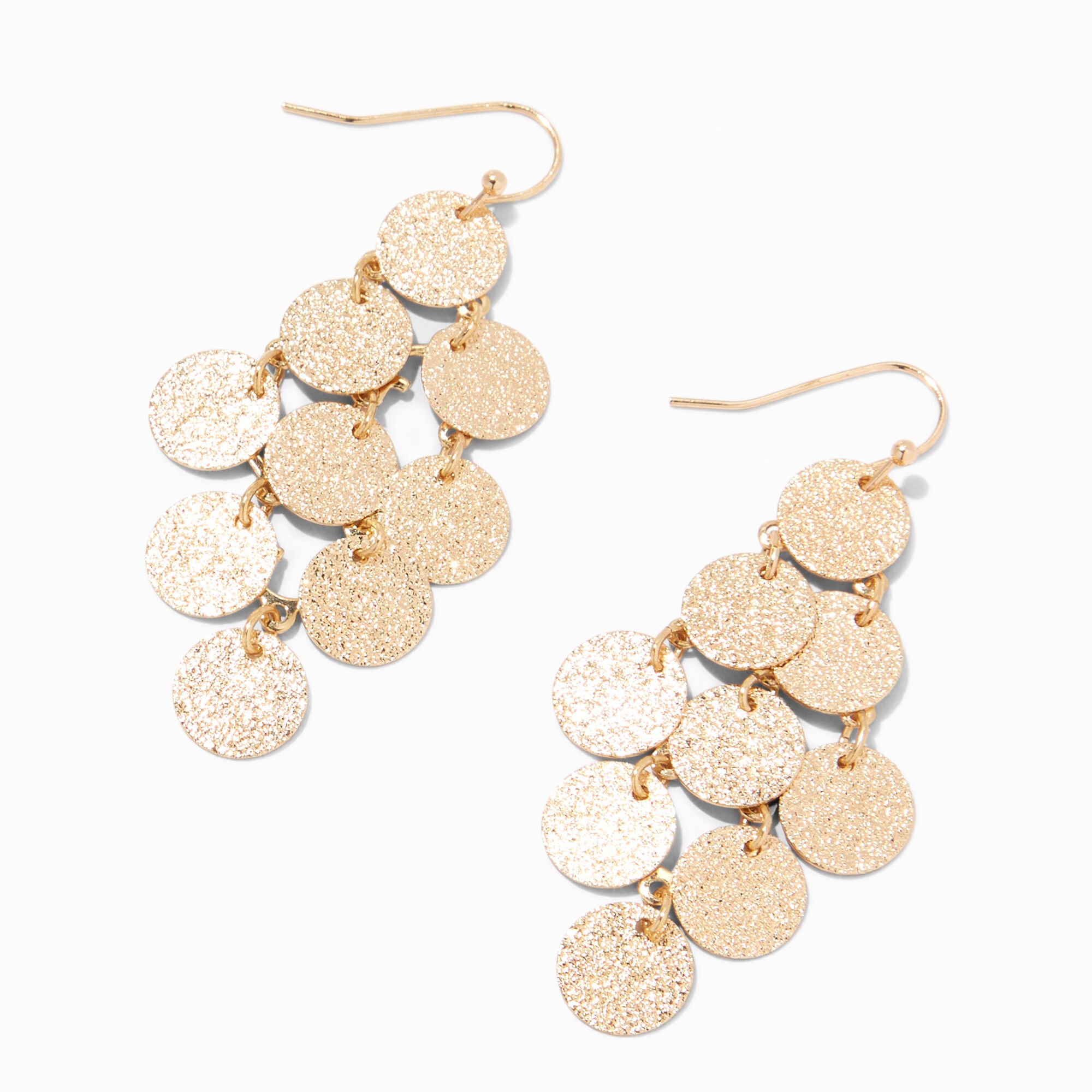 View Claires 2 Glitter Round Chandelier Drop Earrings Gold information