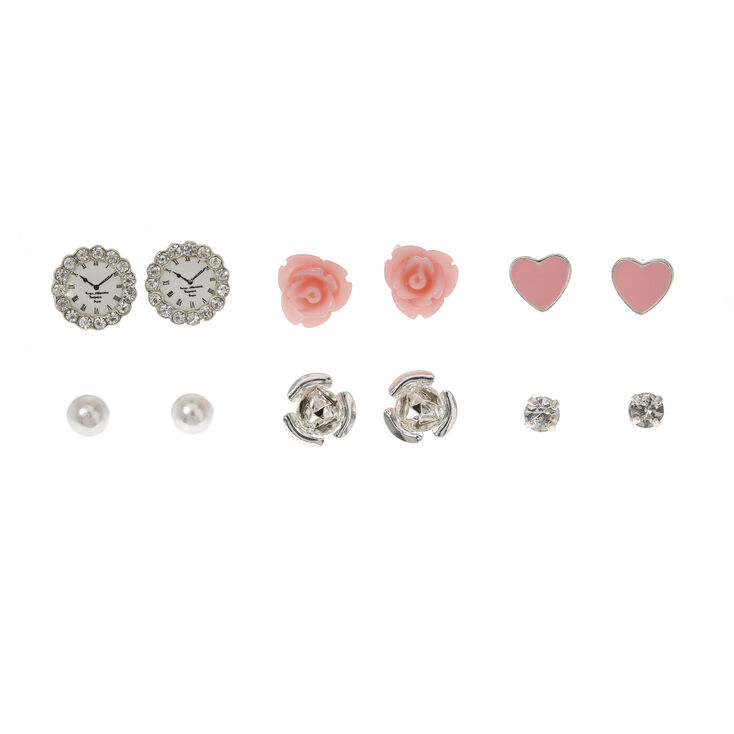 Claire's Lot de 9 paires de clous d'oreille roses motif rose