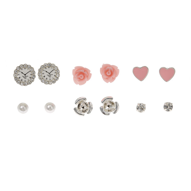 Pink Rose Stud Earrings - 9 Pack,