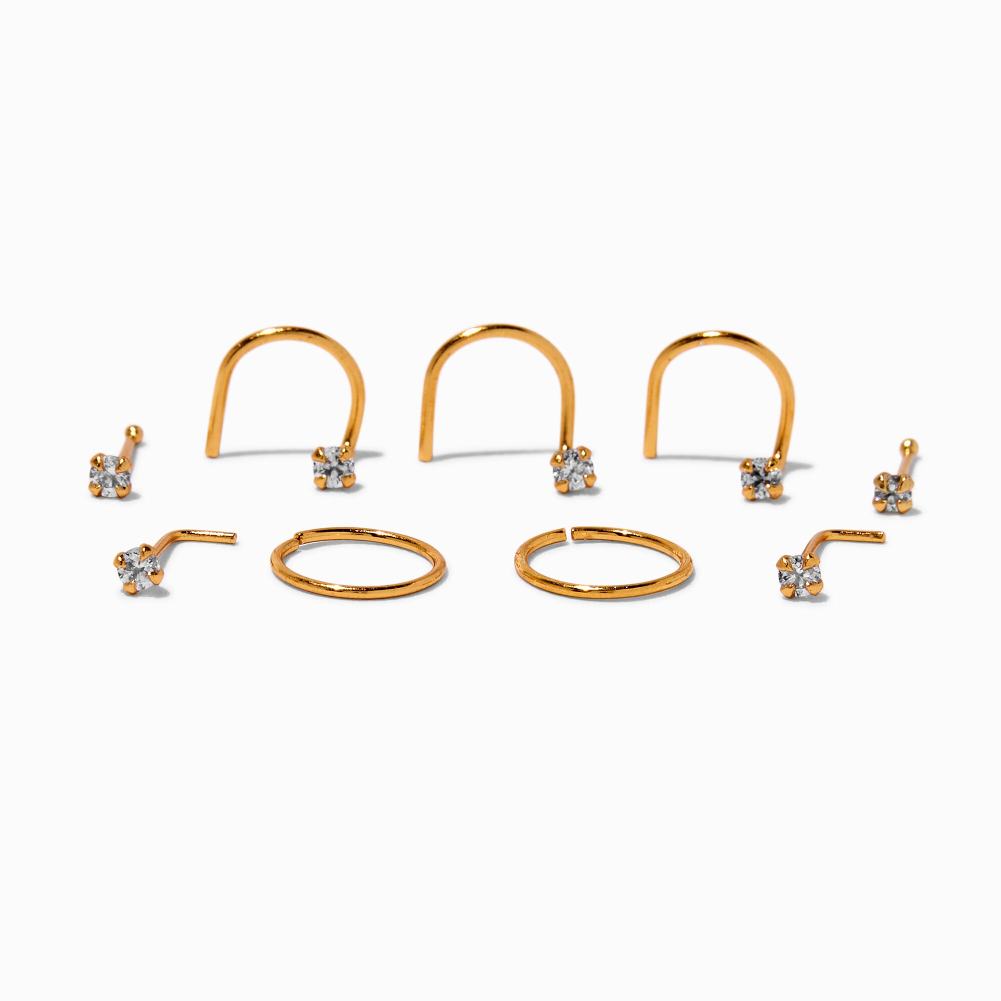 22G Gold-tone Sterling Silver Cubic Zirconia Nose Studs & Rings - 9 Pack,