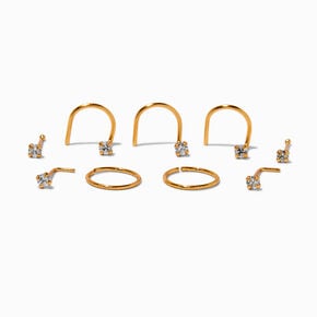 22G Gold-tone Sterling Silver Cubic Zirconia Nose Studs &amp; Rings - 9 Pack,