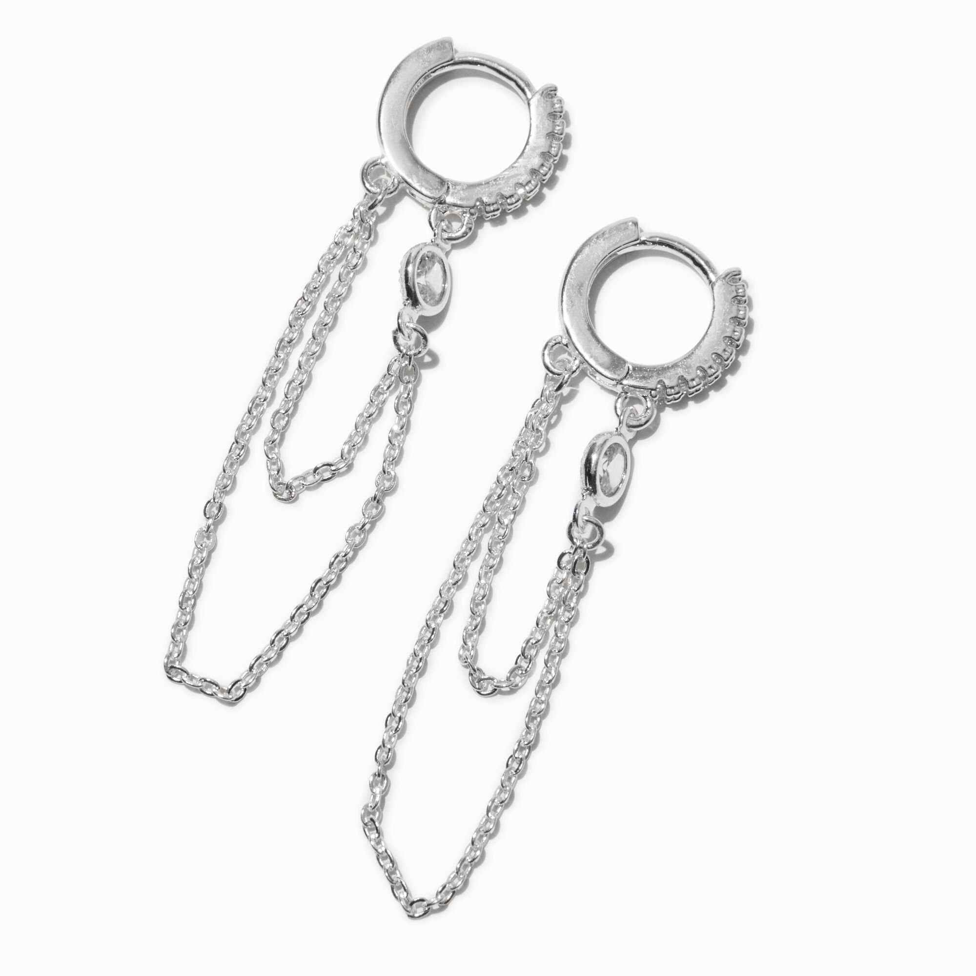 View Claires Tone Cubic Zirconia 10MM Huggie Hoop Chain Earrings Silver information
