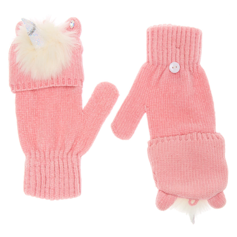 Glitter Unicorn Fingerless Gloves With Mitten Flap - Pink,