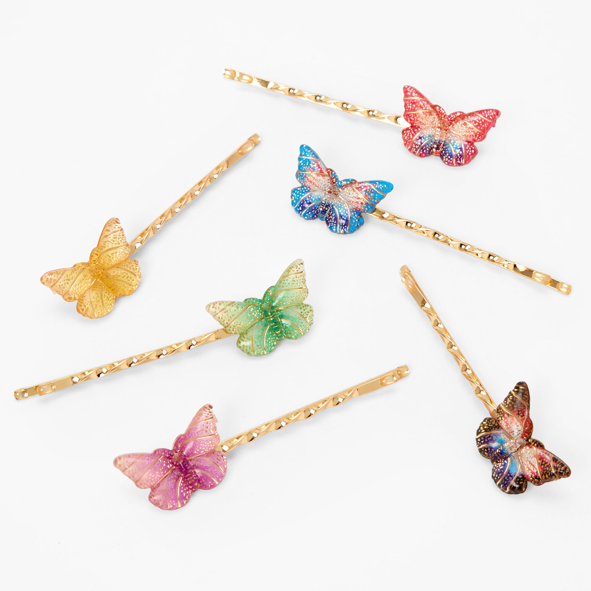 View Claires Jewel Tone Butterfly Hair Pins 6 Pack Gold information