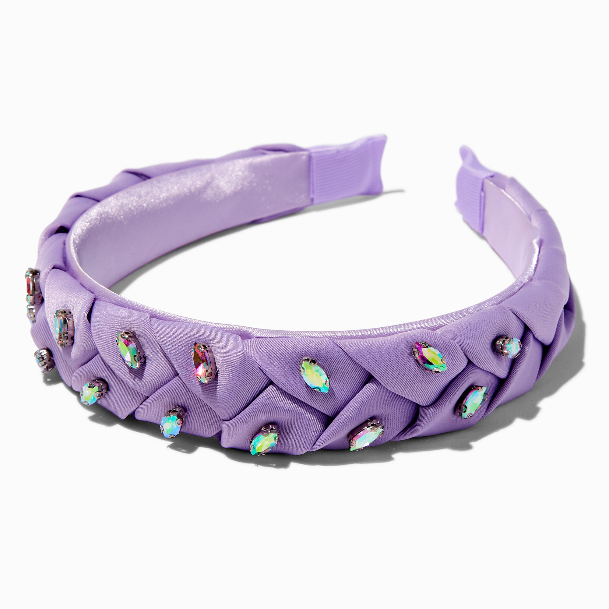 View Claires Iridescent Gemstone Braided Headband Purple information