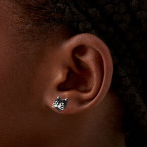 Black Crystal Cat Stud Earrings ,