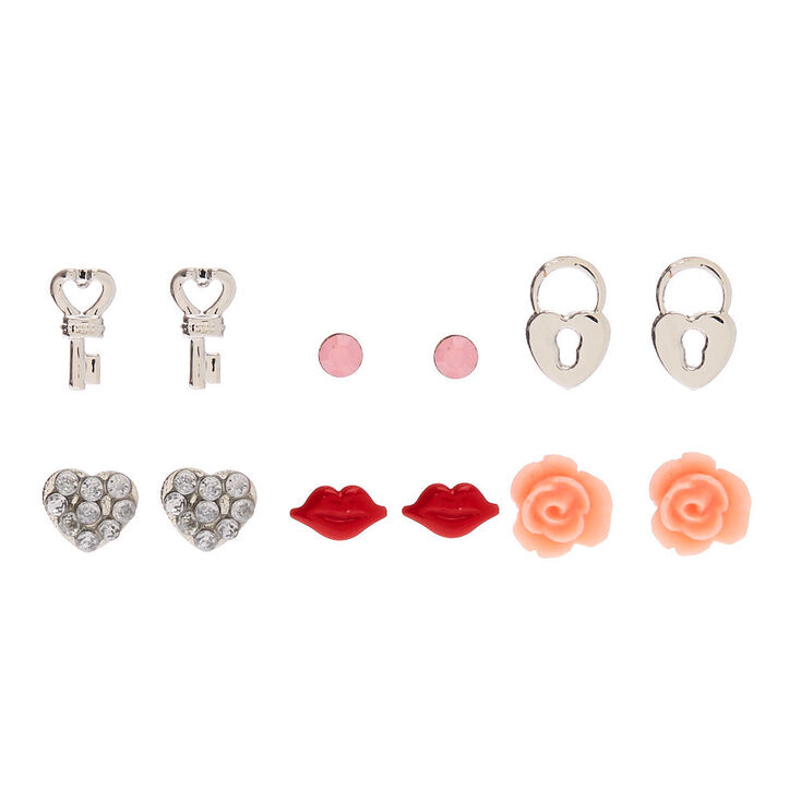 Silver Romantic Stud Earrings - 6 Pack,