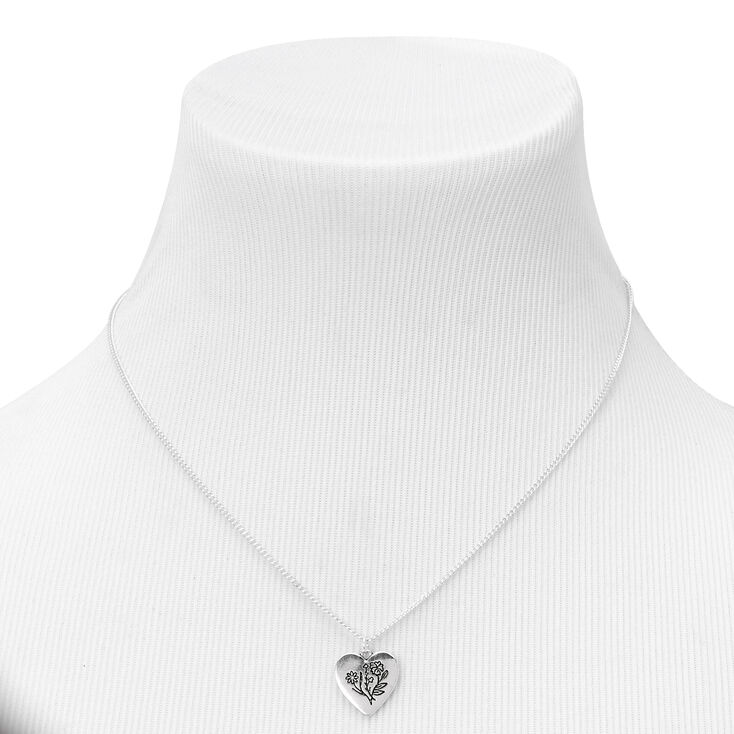 Silver Heart Black Flower Pendant Necklace,