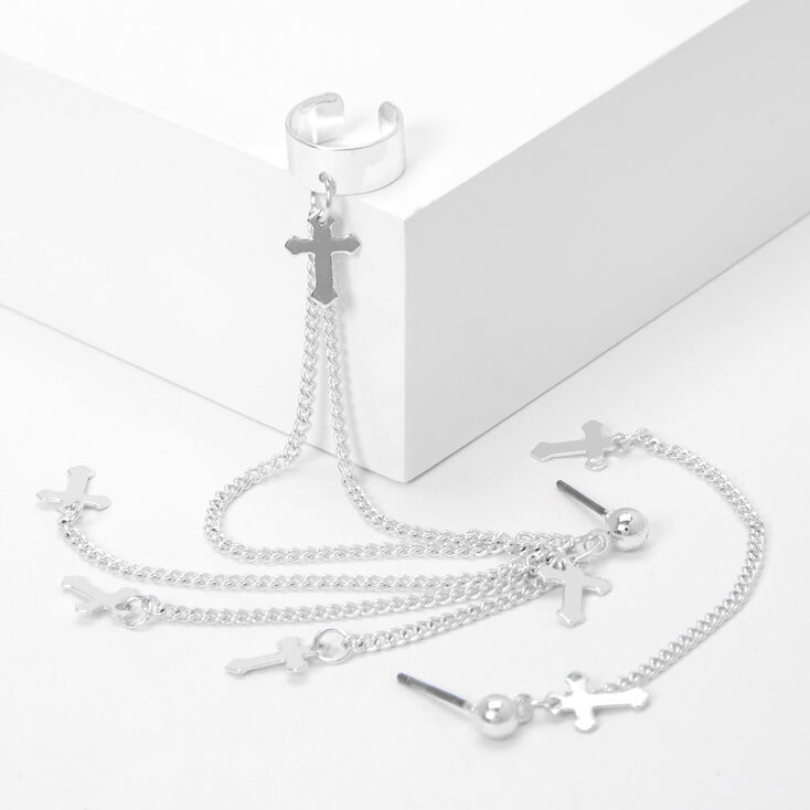 Silver Cross Linear Ear Cuff 3&quot; Drop Earrings,
