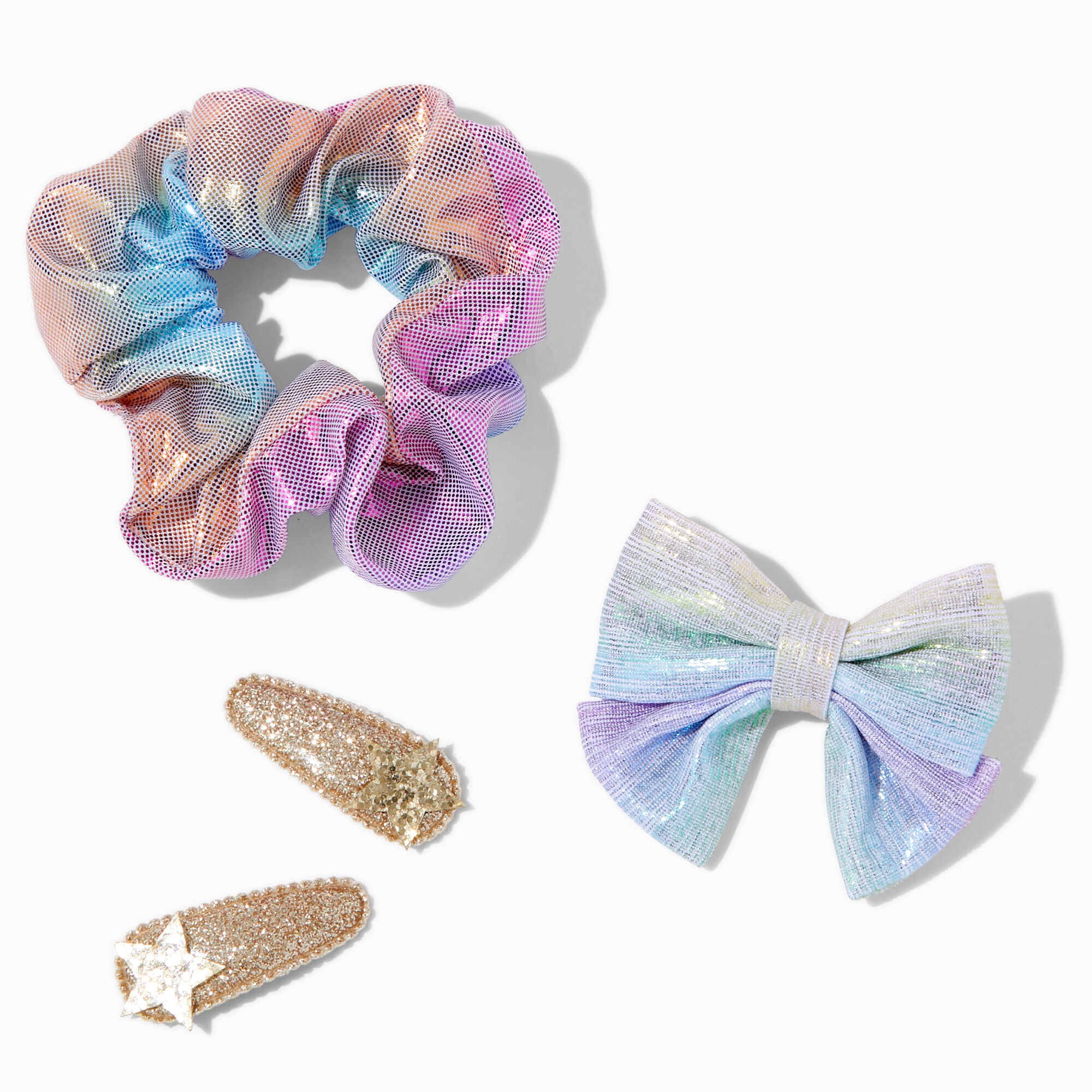 Claire's Club Iridescent Mixed Scrunchie & Hair Clips Set - 4 Pack,