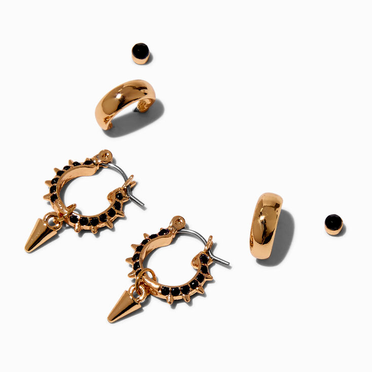 Gold-tone Black Crystal Spikes Earring Stackables Set - 3 Pack,
