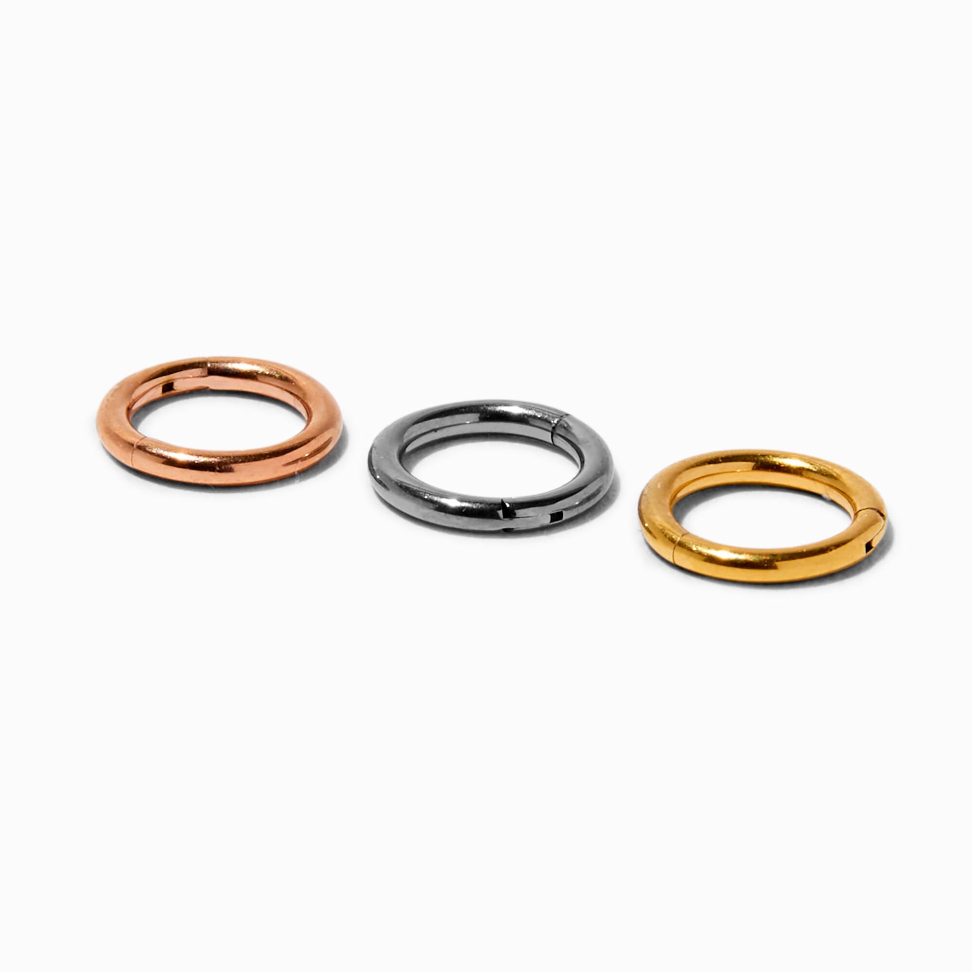 View Claires Mixed Metal Titanium 16G Hoop Targus Earring 3 Pack Rose Gold information