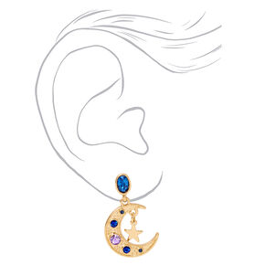 Gold-tone 1&quot; Crescent Moon Star Drop Earrings - Blue,